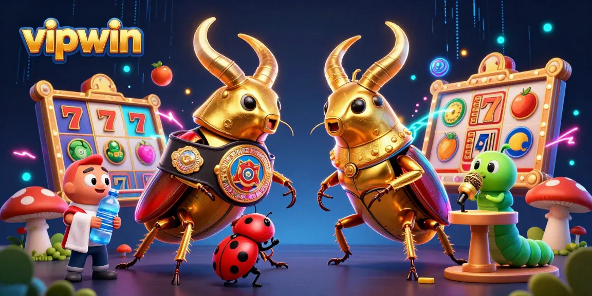 Win big with vipwin in this vibrant 3D illustration of arcade-style casino action featuring a golden beetle champion!