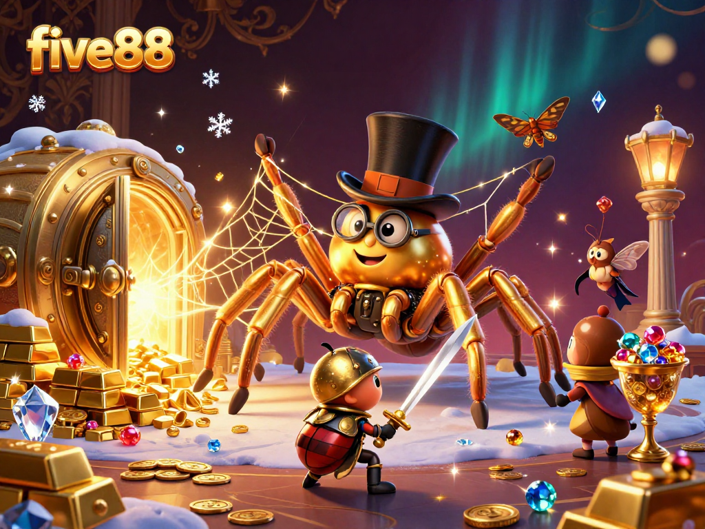 Experience the thrill of five88 gaming with a golden tarantula leading the way among sparkling treasures.