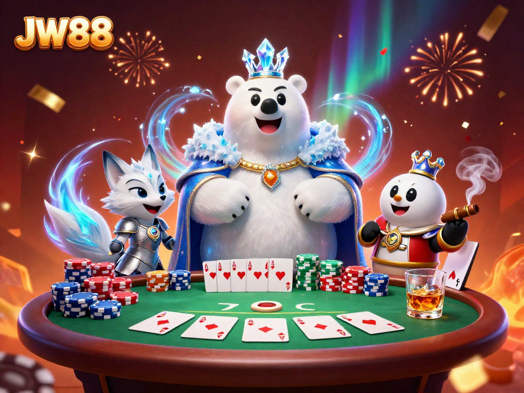 Play exciting games at JW88 with our polar bear king and fox warrior amid poker delights.