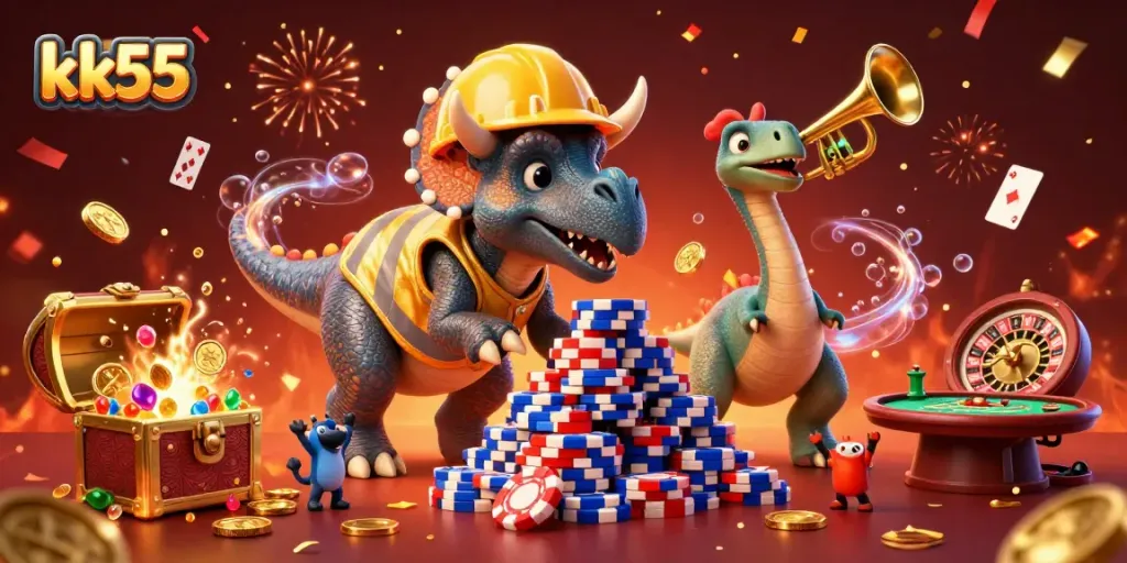 Experience exciting gameplay with kk55, featuring vibrant casino characters celebrating wins around poker chips and floating cards.