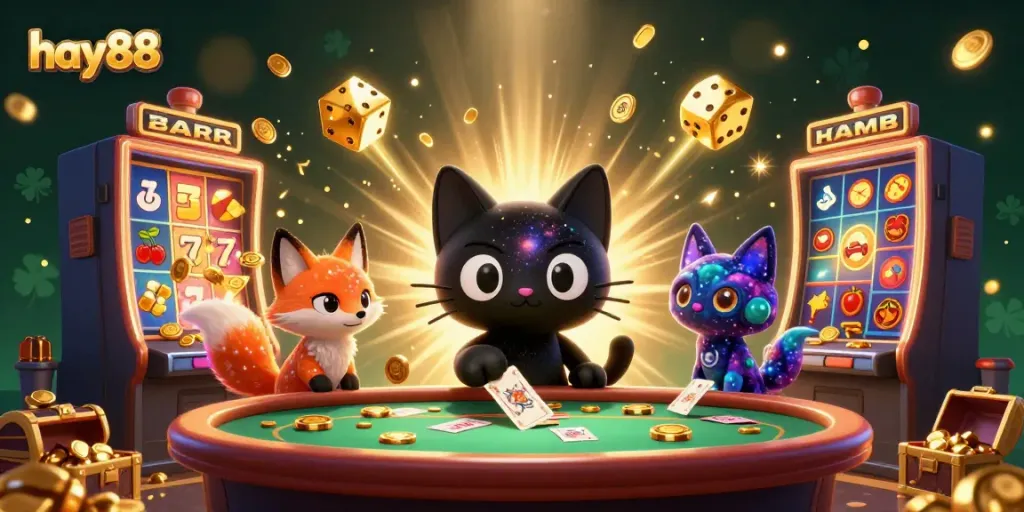 Engaging casino scene with hay88's black hole cat and galactic fox attracting players to a vibrant slot game