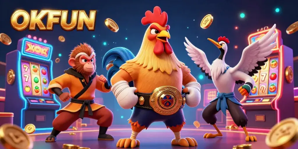 Engage with the exciting world of OKFUN featuring cartoon characters in a glowing casino.