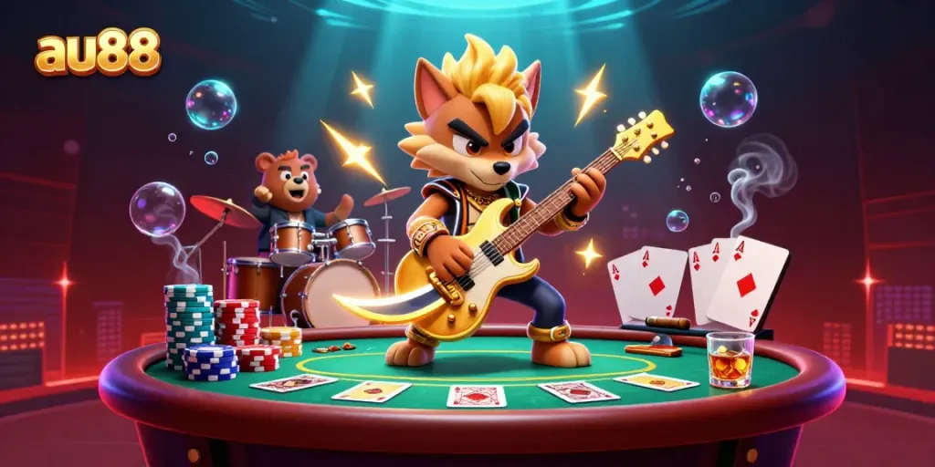 Experience the excitement of au88 with a cartoon wolf rock star performing on stage at a vibrant casino setting.