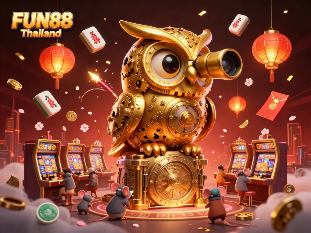 Experience the excitement of FUN88 Thailand with a vibrant casino scene featuring a golden owl and lively game elements.