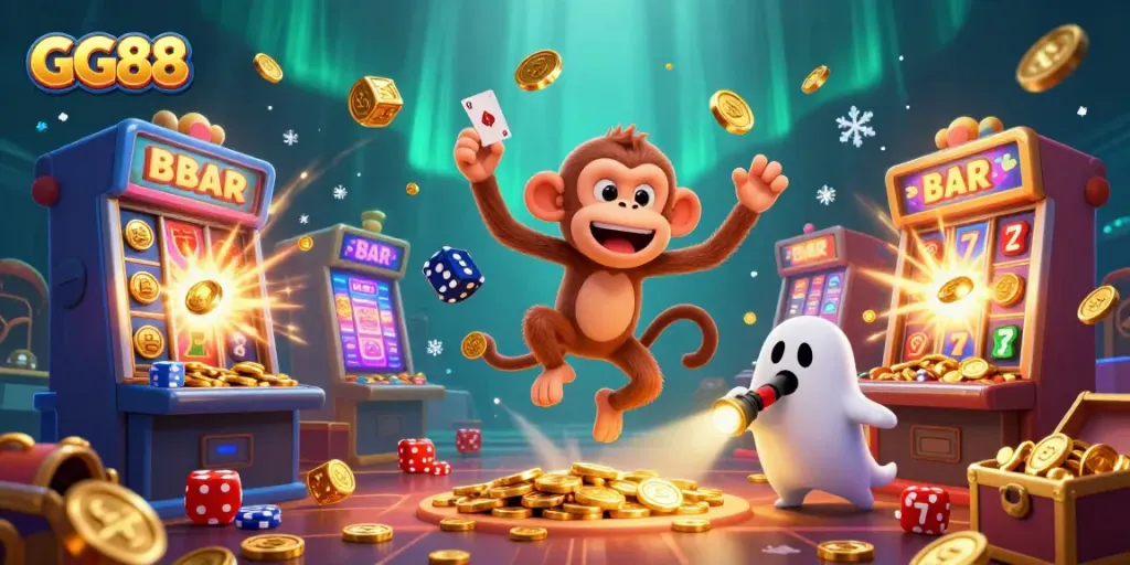 Experience the thrilling GG88 atmosphere with a playful poltergeist monkey and ghost-hunter puppy in a vibrant casino.