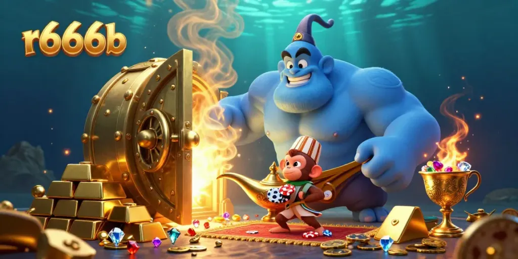 Experience thrilling adventures with r666b casino elements, featuring a genie and treasures.