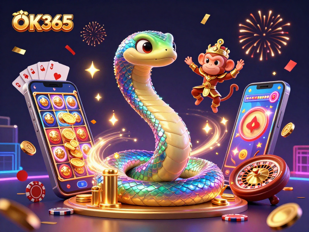 Engage in the vibrant world of OK365 with a dynamic 3D casino scene featuring a rainbow serpent, monkey king, and exciting game elements.