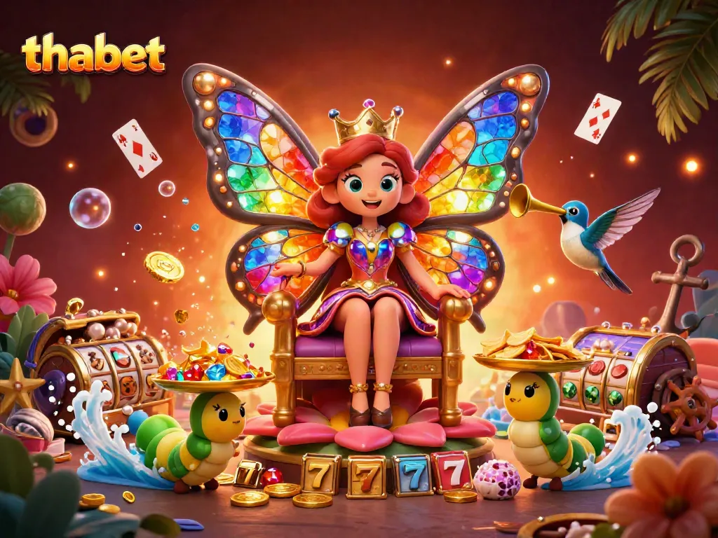 Experience the vibrant world of thabet with colorful gaming elements and an enchanting butterfly queen.