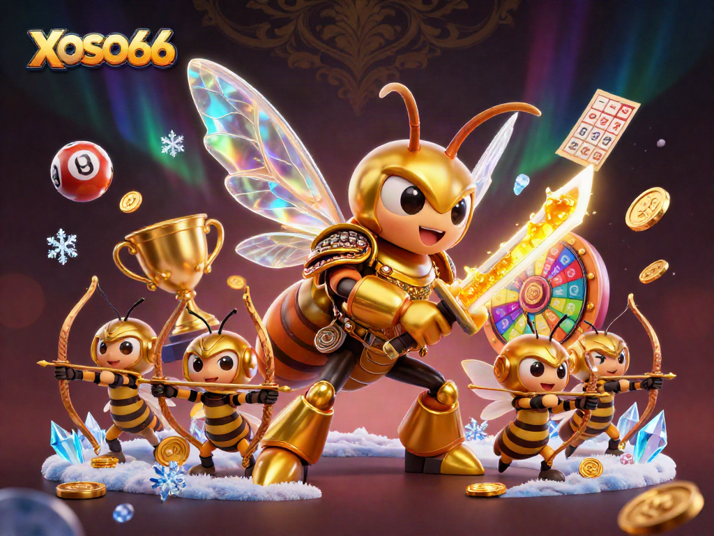 XOSO66 players engaging with vibrant lottery elements in a dazzling 3D scene featuring a golden hornet.