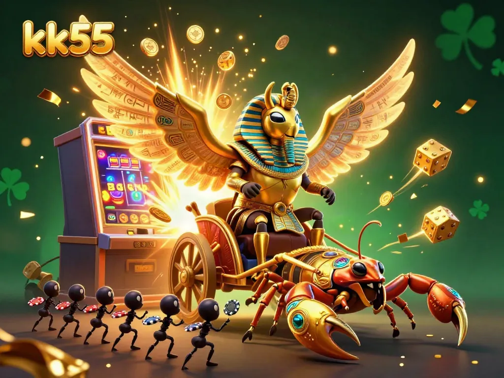 Experience thrilling gambling entertainment with kk55's vibrant 3D casino scene filled with iconic slot elements and action.