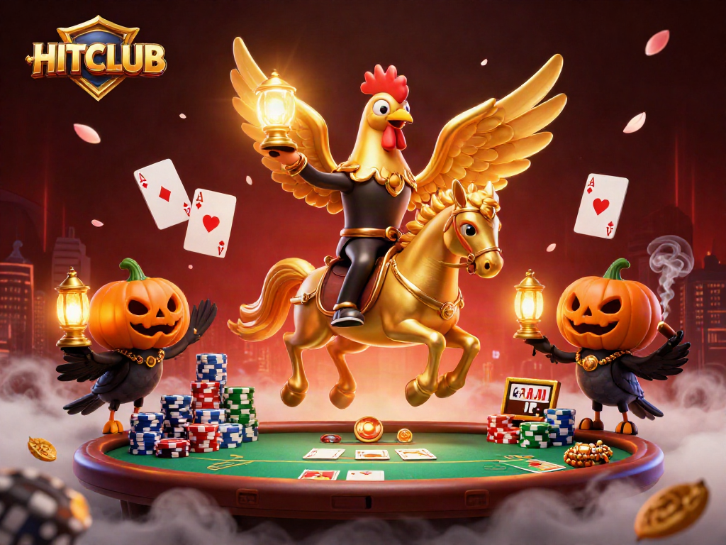 Engage with the HITCLUB gaming world, where a golden rooster navigates a thrilling casino adventure.