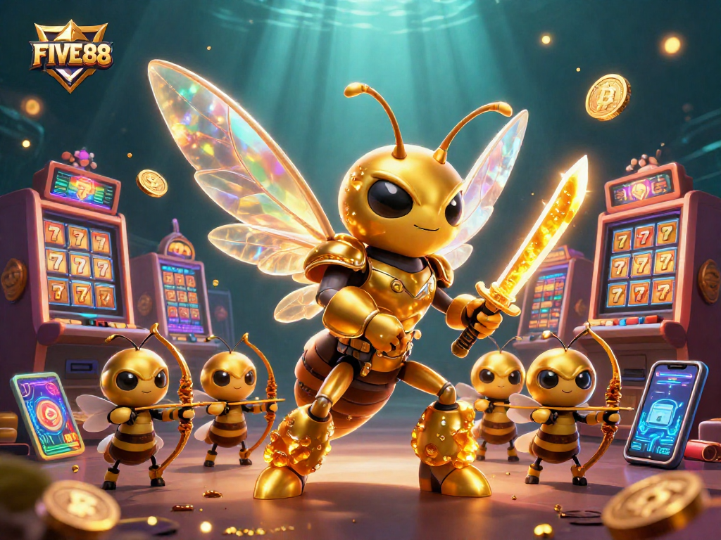 Play with FIVE88 at a vibrant casino scene featuring a golden hornet and crypto elements.