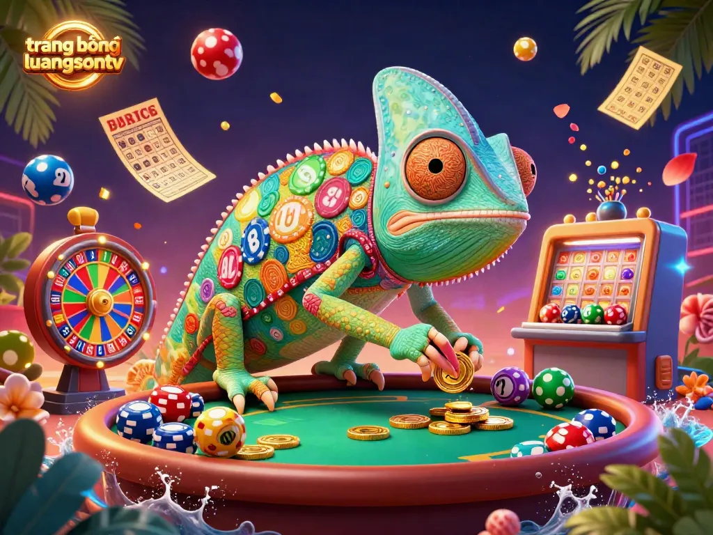 Experience gaming on trang bóng luongsontv with colorful lottery balls and an engaging chameleon character.