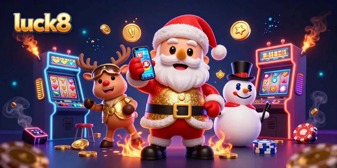win big at luck8 with Santa Claus and festive casino games in a colorful 3D illustration