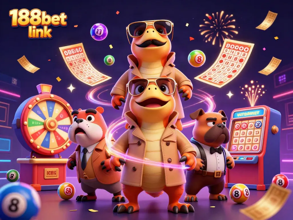 Experience the excitement at 188bet link with raptors and lottery elements in a vibrant casino scene.