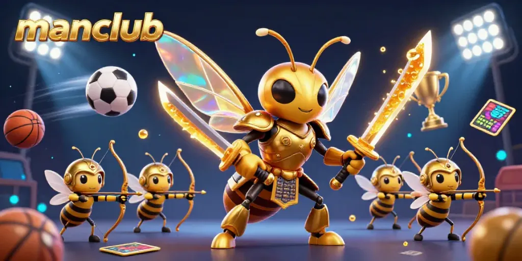 Engage with manclub through a dynamic 3D casino illustration featuring vibrant gaming elements and a golden hornet in action.