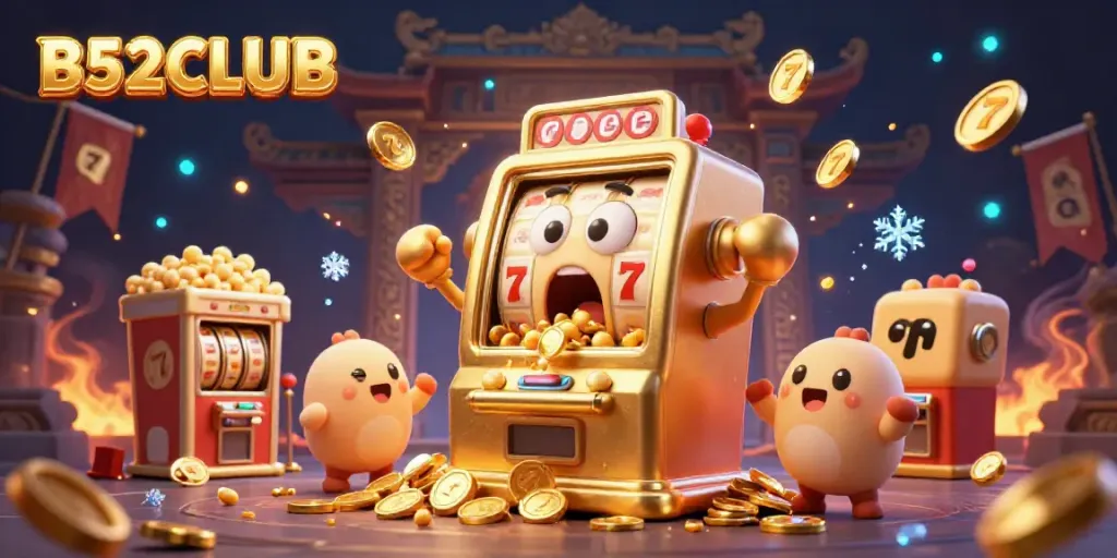 B52CLUB golden slot machine hitting jackpot with cheering baby slots in a festive casino scene.