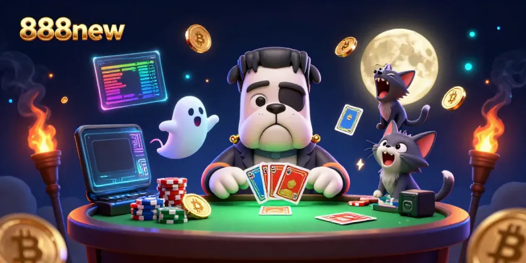 Draw cards and win big at 888new with a lively gaming scene featuring unique characters and thrilling elements.