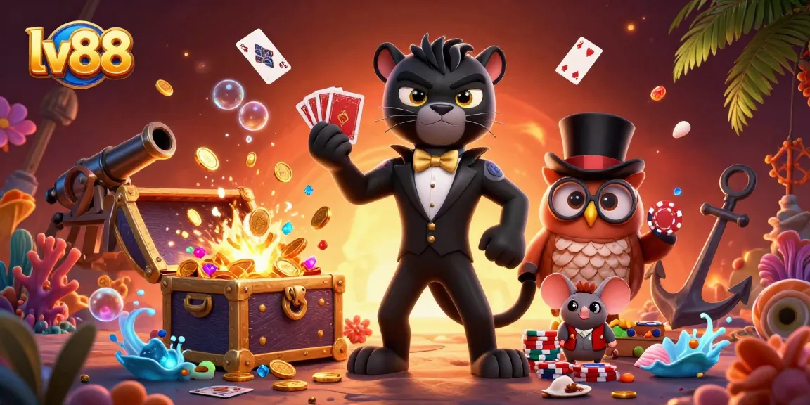 Engage in thrilling gaming adventures with lv88 while stylish characters deal cards in a vibrant casino scene.