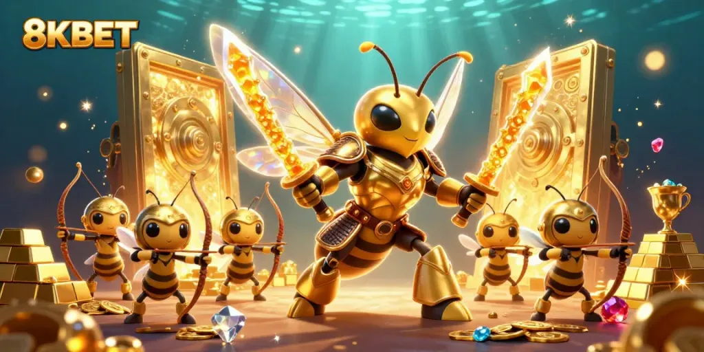 Engage with 8KBET's vibrant gaming scene featuring a golden hornet samurai and bee archers, surrounded by sparkling treasures.