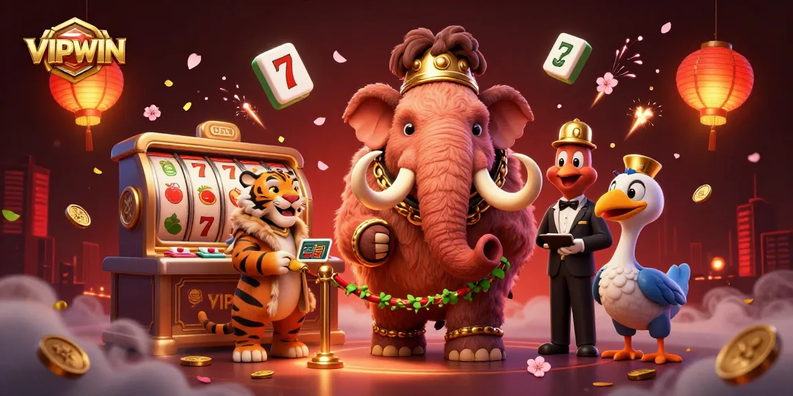 VIPWIN brings excitement with a 3D illustration of a mammoth bouncer, VIP saber-tooth tiger, and dodo doorman in a vibrant casino setting.