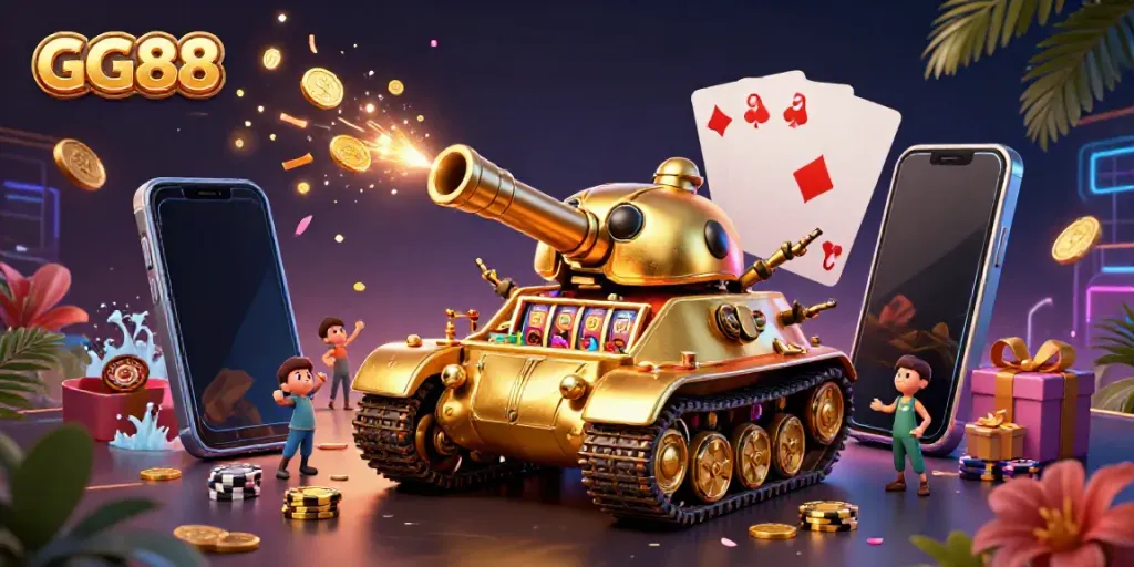 Experience the excitement of GG88 with a dynamic casino-themed illustration featuring unique gaming elements.