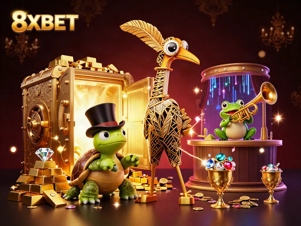 Join the excitement with 8XBET as a top-hat wearing turtle and friends enjoy a lavish casino scene.