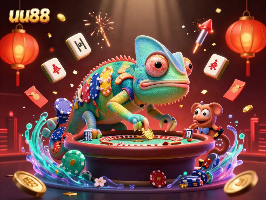 Experience the thrill of uu88's vibrant casino scene, with an energetic chameleon embodying luck and fun.