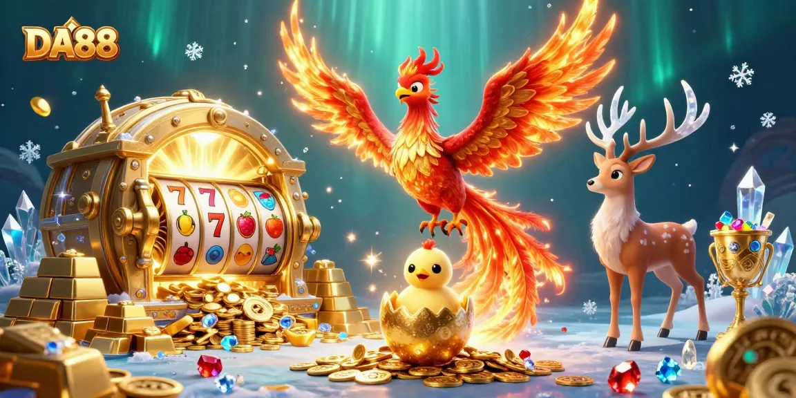 DA88 reveals vibrant slots with a soaring phoenix, jewels, and treasure in a dynamic casino scene.
