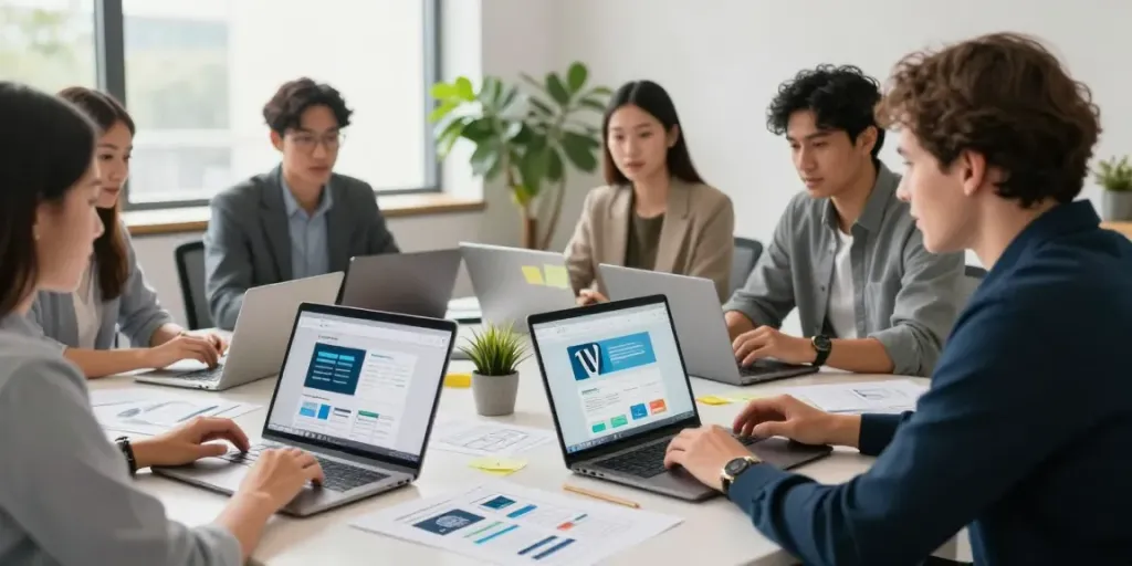 Professionele interactie over website laten maken in modern kantoor met laptops en schetsen