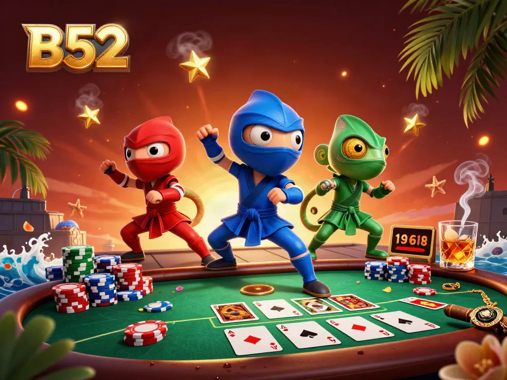 B52 casino scene with ninja chameleons and poker game elements in vibrant 3D illustration.