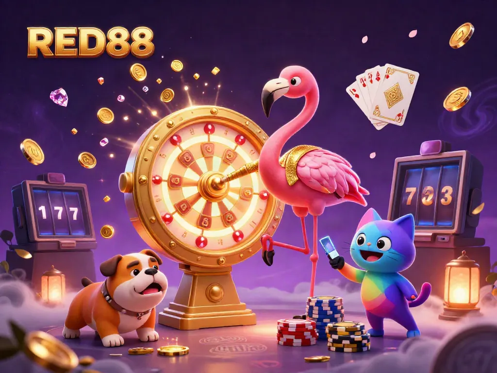 Experience thrill with RED88's vibrant game show scene featuring dynamic characters, coins, and prizes.