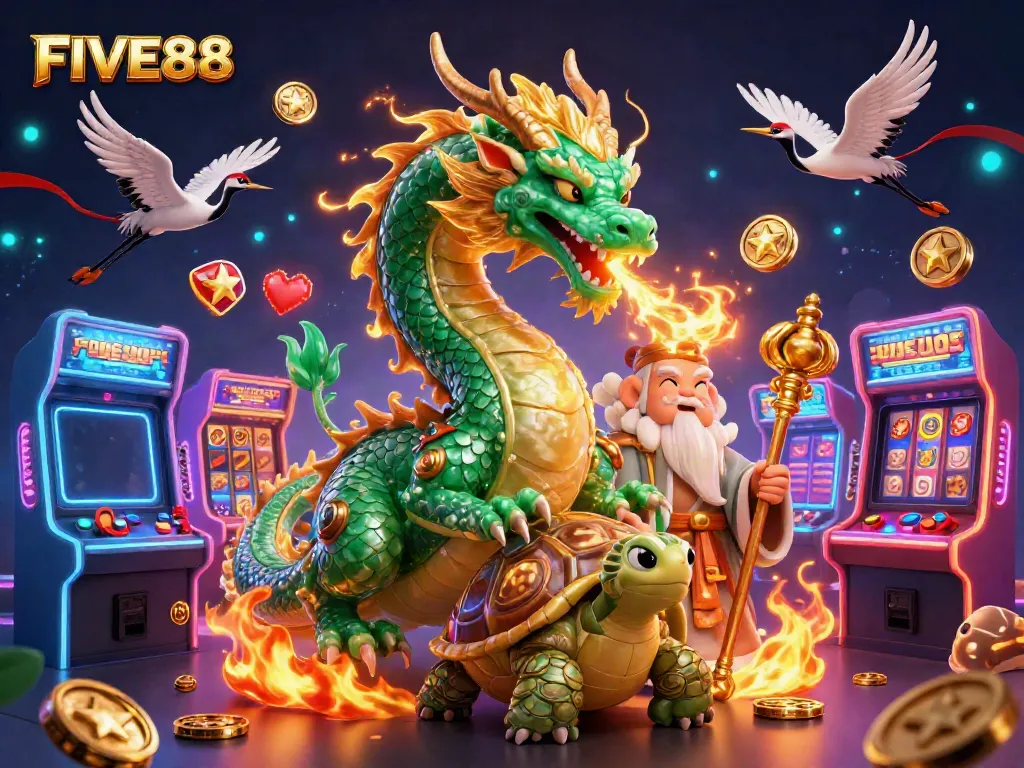 Experience the magic of FIVE88 with a jade dragon and vibrant casino elements illuminating a thrilling gaming atmosphere.
