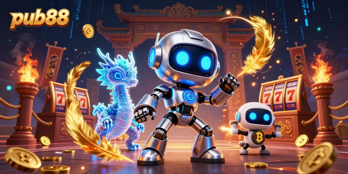 Engage with pub88's vibrant casino world featuring a cyberpunk mascot, AI dragon, and bitcoin drone.