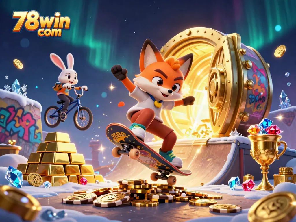Engage in the thrill of gambling with 78win com, as a fox skater flips over golden poker chips amidst a treasure scene.