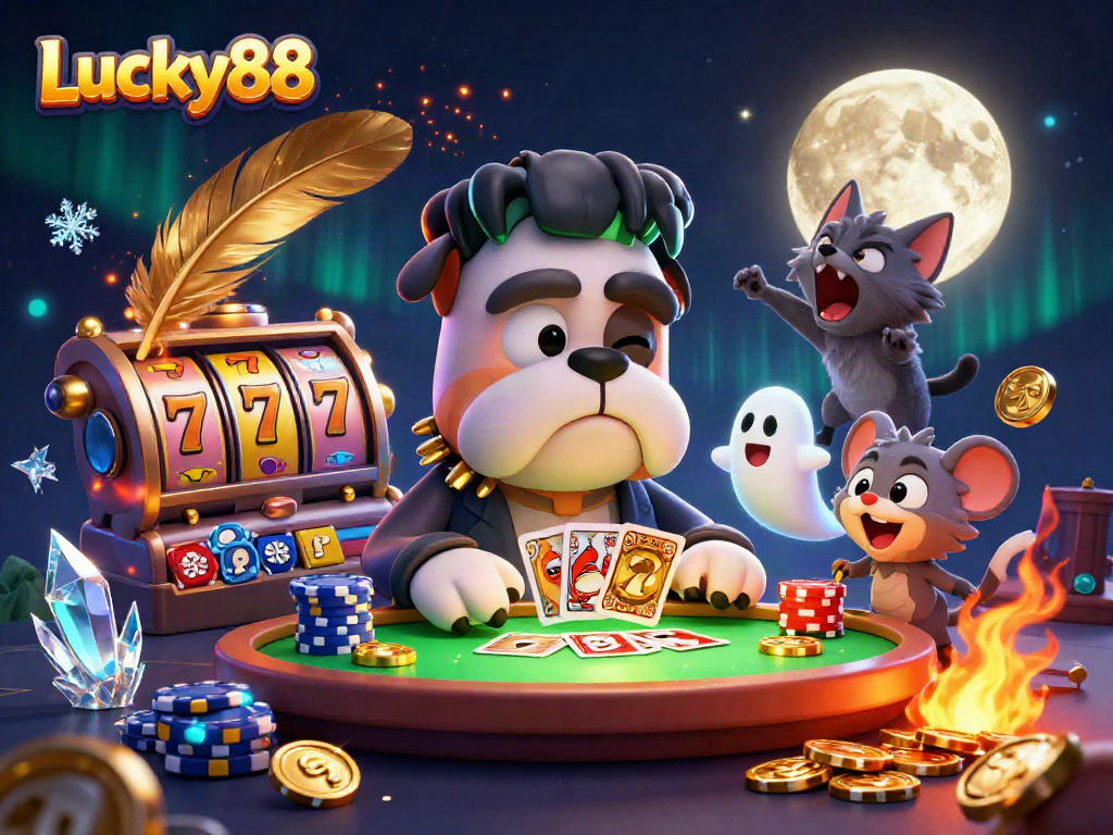 Spin the reels of Lucky88 as the animated bulldog dealer greets players in a captivating casino scene.