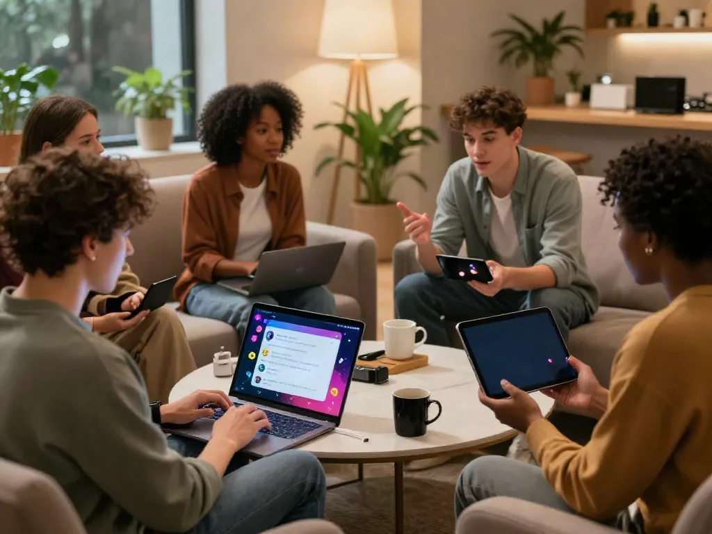 Friends enjoying juicy ai chat technology in cozy lounge setting.