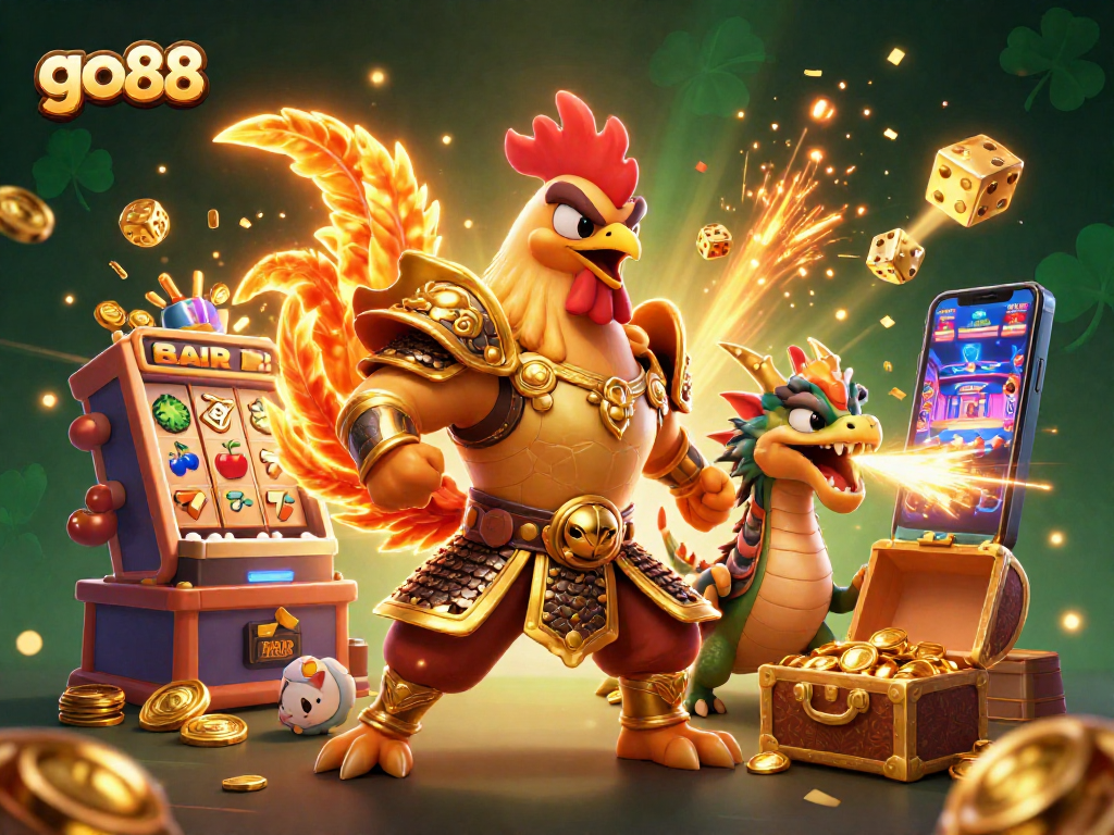 Join the excitement at go 88 with a powerful rooster warrior and a dragon hatchling celebrating a jackpot!