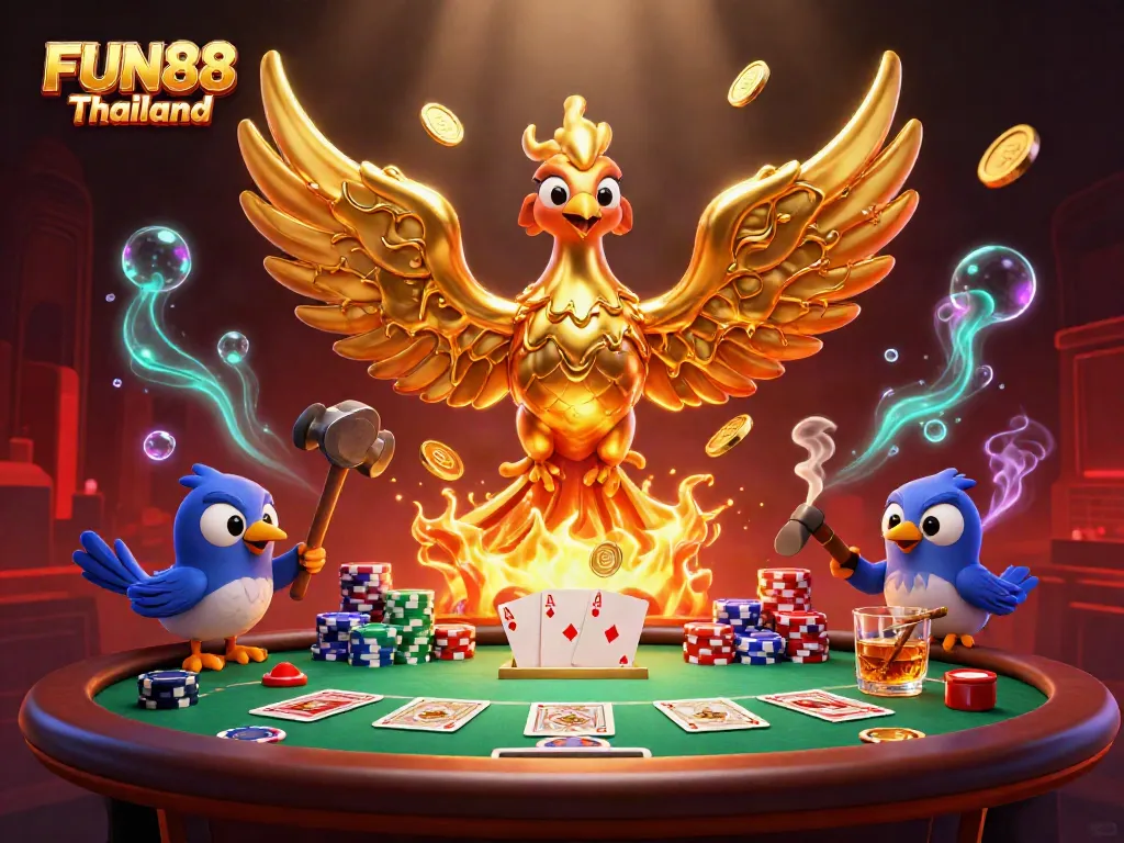 Win big at FUN88 Thailand with a vibrant 3D illustration of a golden phoenix and poker action