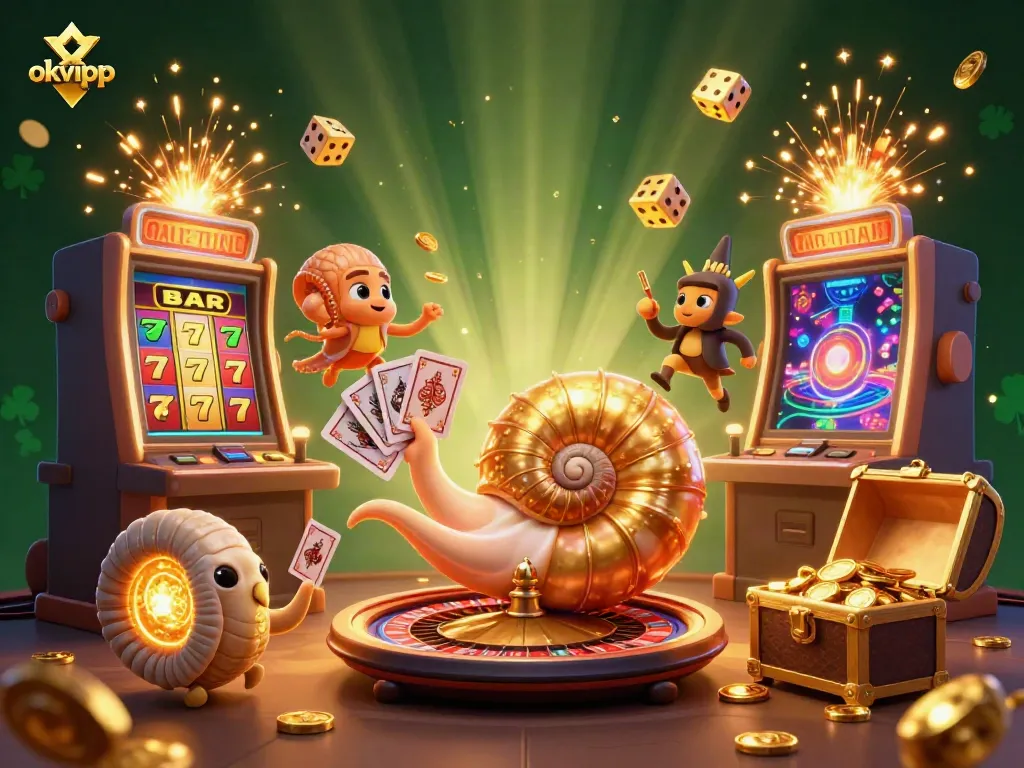 Experience the excitement of okvipp with vibrant casino scene featuring a golden nautilus roulette wheel and jackpot symbols.