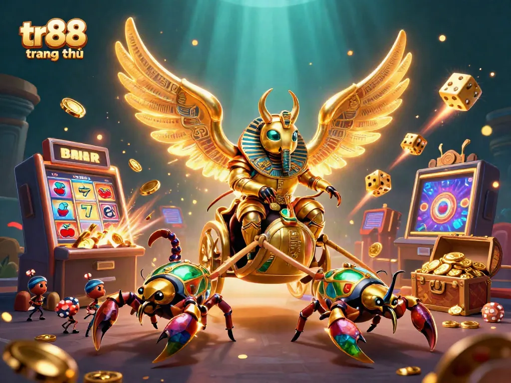 Experience the vibrant action of tr88 trang chủ with a colossal scarab beetle and dynamic casino elements.