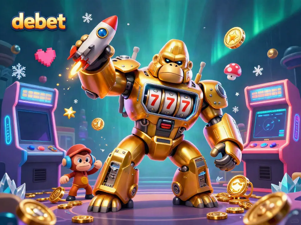 Experience the vibrant world of debet with dynamic gaming elements and a striking gorilla mech.
