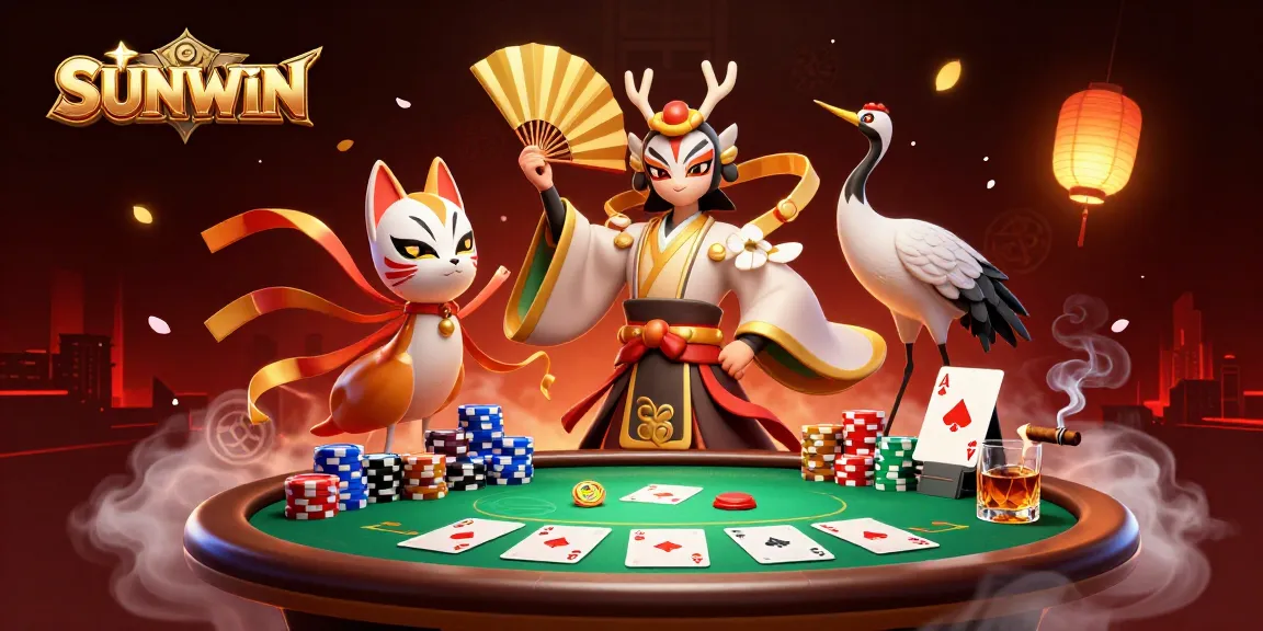SUNWIN shows a festive poker gathering with a kabuki warrior, kitsune mask, and vibrant game elements.