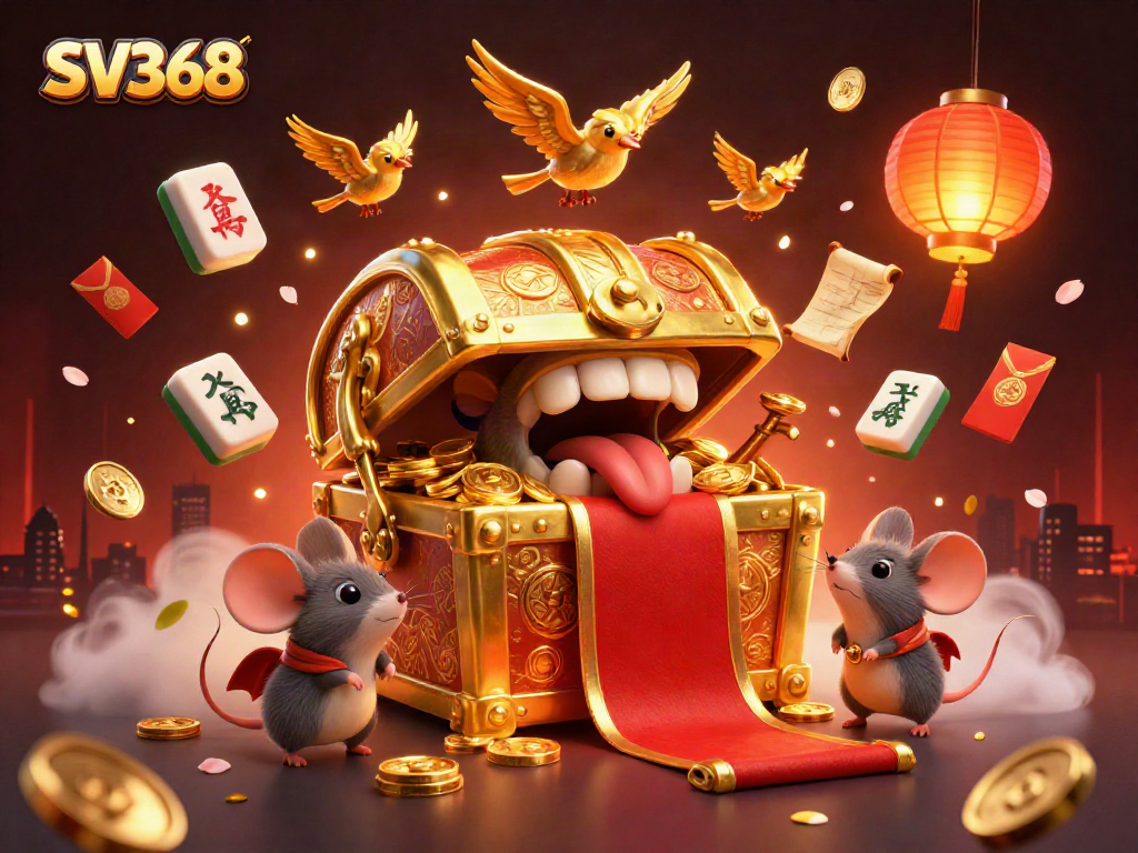 Engage with SV368's vibrant 3D casino scene featuring treasure chests and festive elements.