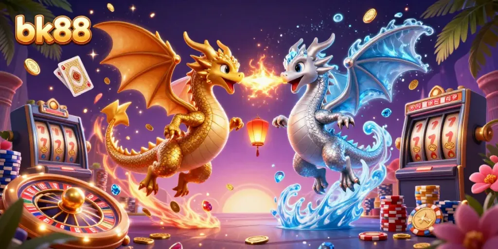 Experience thrilling wins with bk88 in a dynamic casino illustration featuring dragons, coins, and game elements.