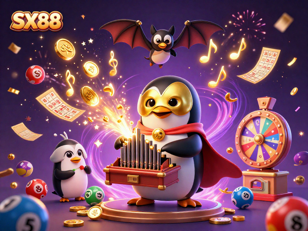 SX88 showcases a dynamic casino scene with a penguin playing an organ, bursting with golden coins and lottery elements.