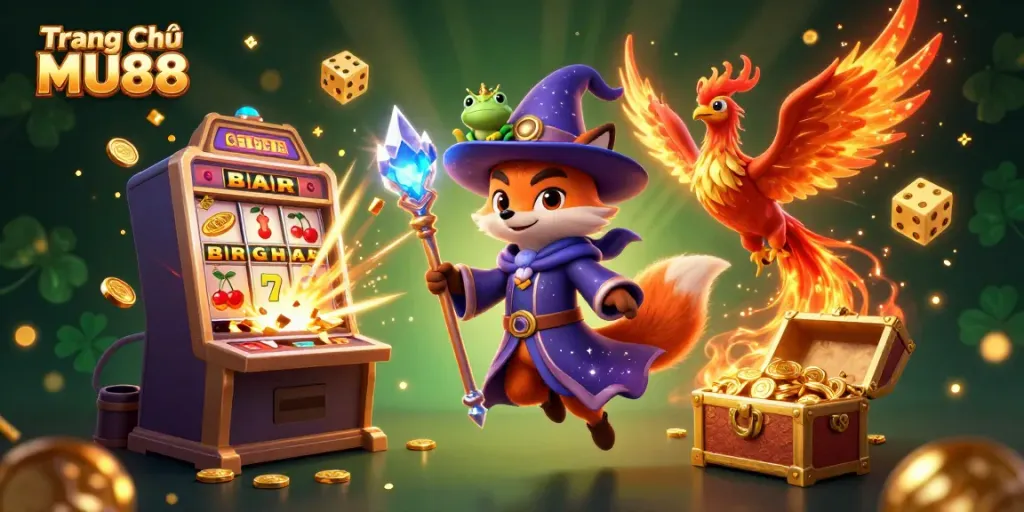 Experience the vibrant world of Trang Chủ MU88 with dynamic gaming elements and wizard characters in a 3D casino scene.