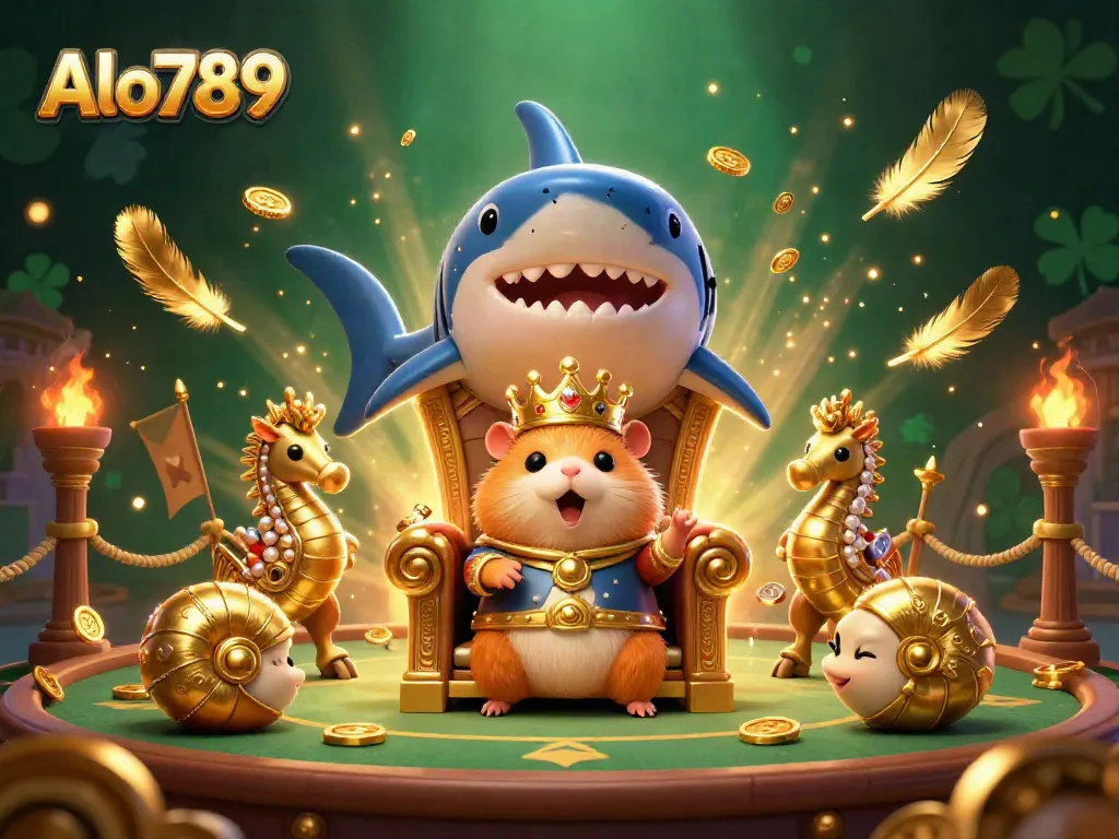 Alo789 captures the excitement of online gambling with a golden hamster king surrounded by a vibrant casino scene.