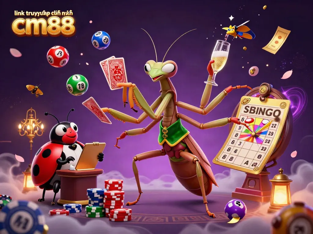 Experience the excitement of link truy cập chính thức cm88 with a vibrant casino scene featuring a giant mantis dealer and ladybug pit boss.