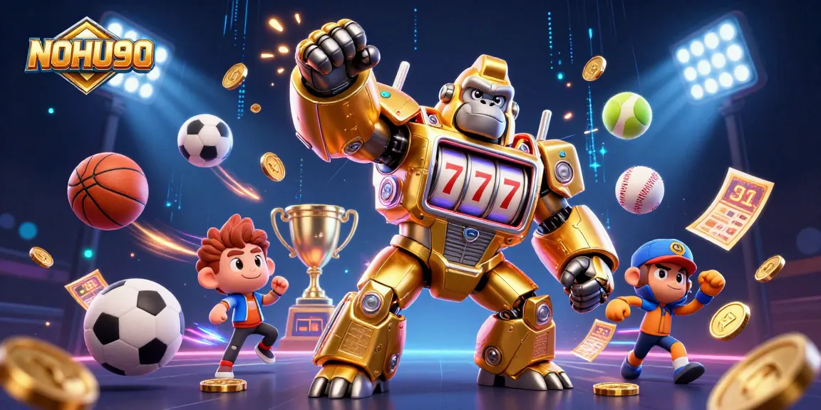 NoHU90 engaging with thrilling casino action featuring a golden gorilla mech and sports elements